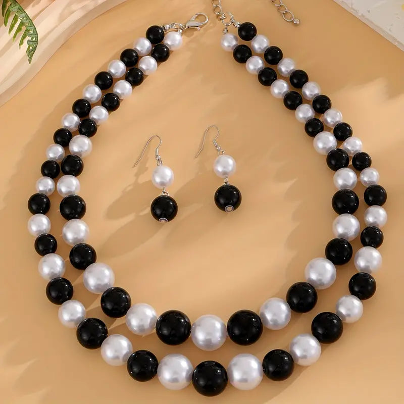 Necklace and Earrings Set - Black-White - Two Strands Beaded Necklace