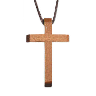 Pendant - Beveled Wooden Brown Cross - Leather Cord