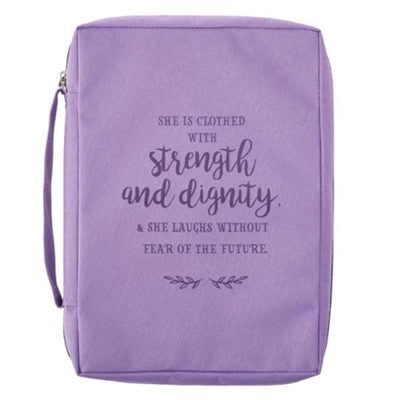 She Is Clothed With Strength and Dignity Bible Cover, Canvas, Purple, Large