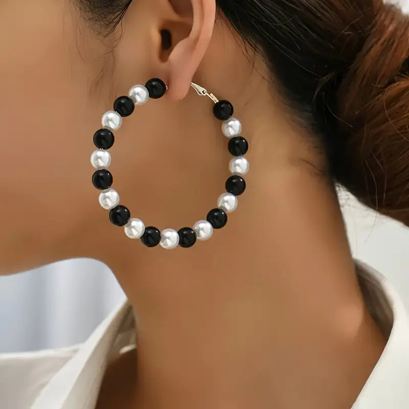 Earrings - Pierced - Black-White beaded Hoops