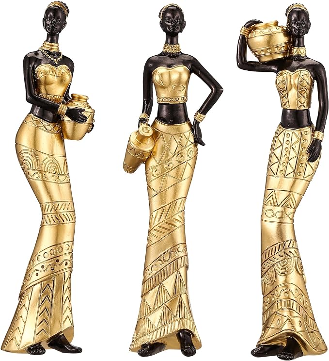 Figurine-African Statue/Sculpture Tribal Ladies - Gold - 3 pcs