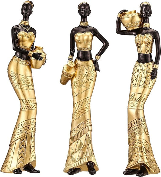 Figurine-African Statue/Sculpture Tribal Ladies - Gold - 3 pcs